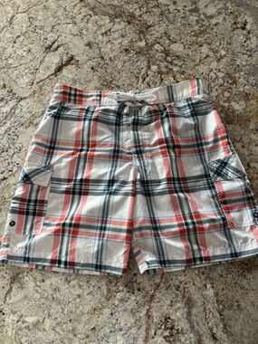 Old Navy Coral, Navy & White Plaid Swim Board Shorts